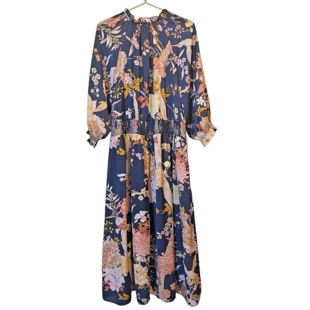 Slate Blue Floral Smocked Midi Dress Elastic Waist Boho Plus Size 0X 14W Spring - Picture 3 of 12